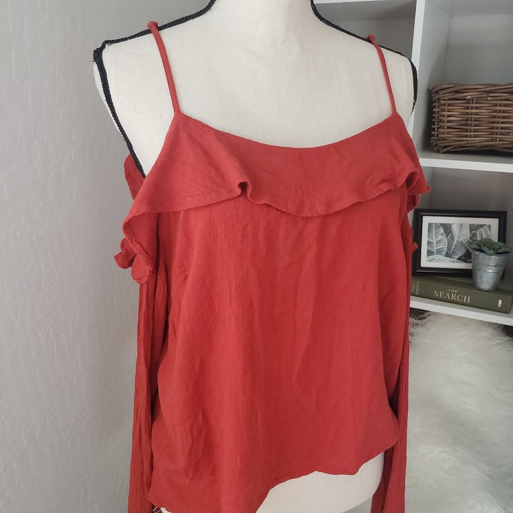 Rust Ruffle Cold Shoulder Blouse Top - Picture 2 of 5